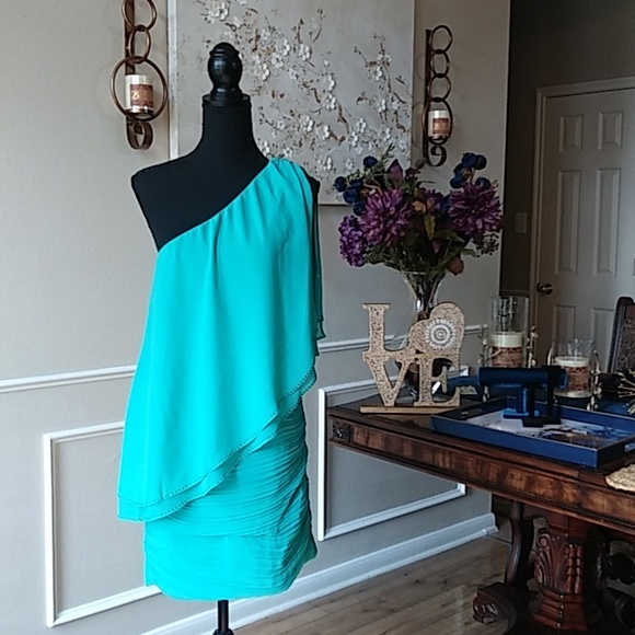 Turquoise Embellished Cocktail Mini Dress By GB. Size M - Picture 6 of 17